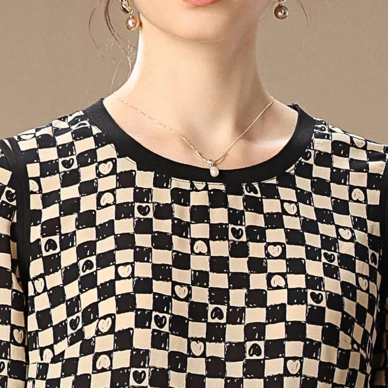 FENHONGMALI Spring Short Sleeved Dress Loose Fit Women's Checkerboard-5
