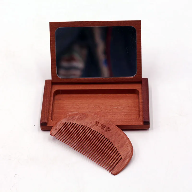 XIBI Peach Wood Red Sandalwood Flap Mirror Foldable Set With Comb And Makeup Mirror Portable And Decorative-1