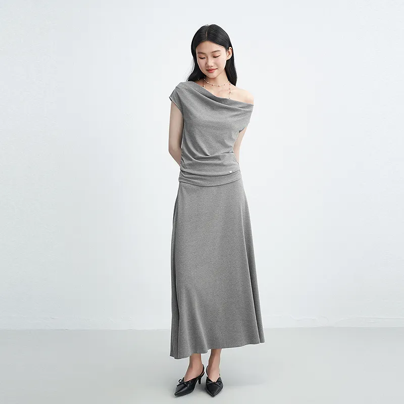 LEDIN Casual Long Skirt Women's Silver Candle Gray-4