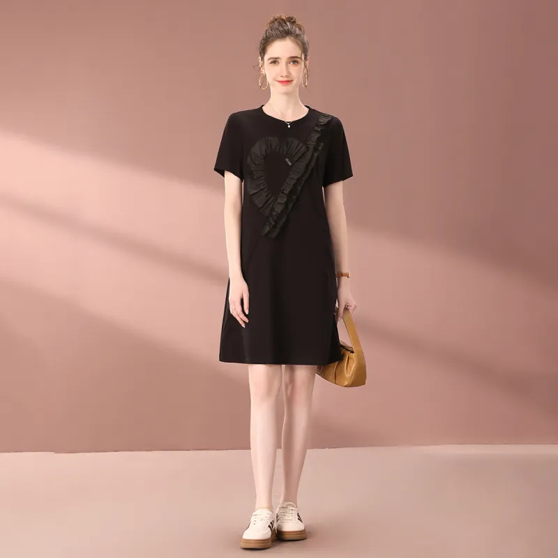 FENHONGMALI Short Sleeved Dress Loose Fit Women's Black-3