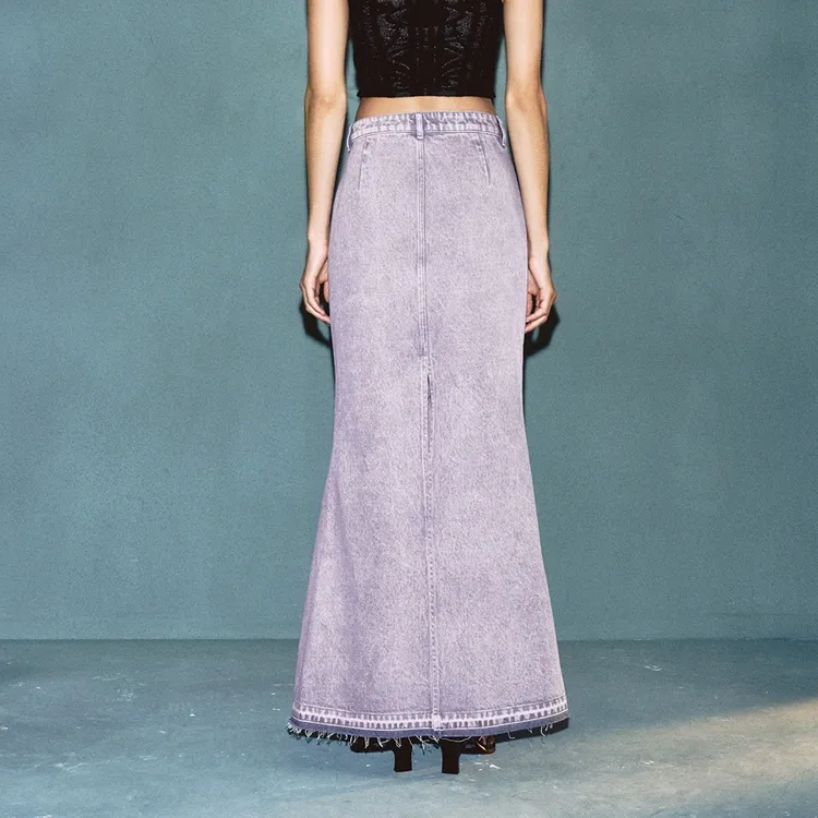 URBAN REVIVO Denim Long Skirt Women's Smoky Purple-3