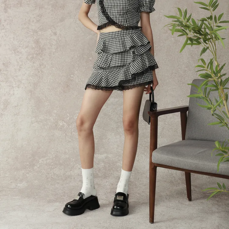 SETIROM Short Skirt Women's Black White Plaid-2