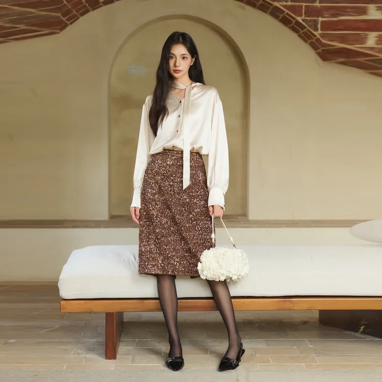 Three Quarters Casual Long Skirt Women's Brown-3