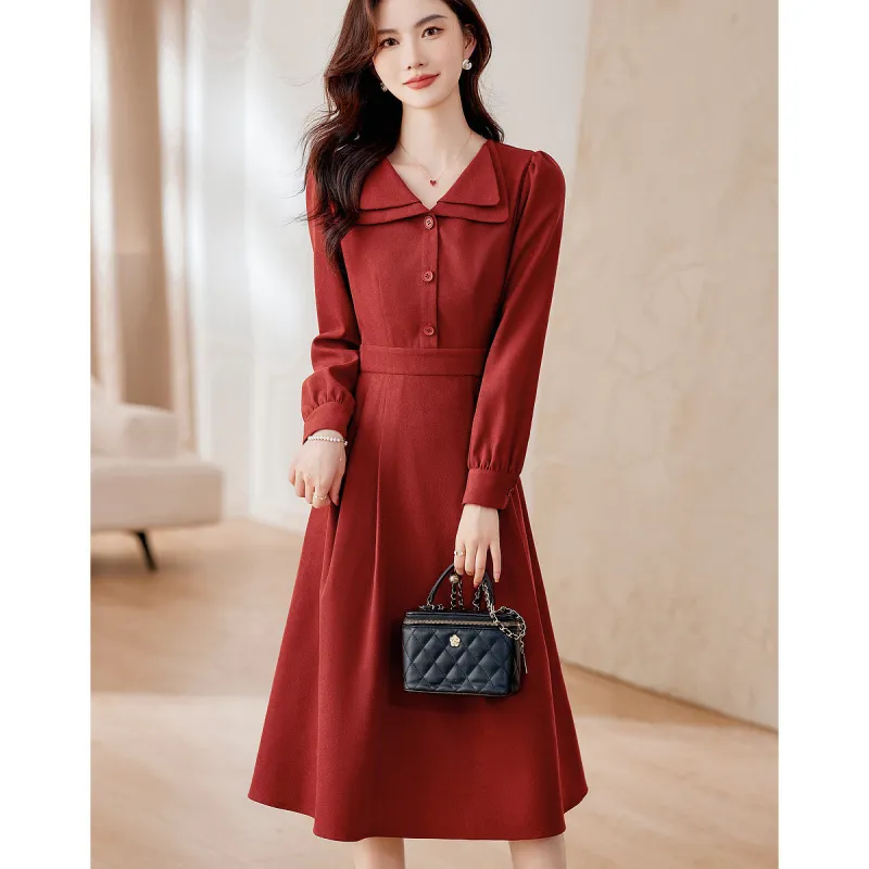 Like The Age Of Water Fall, Winter Long Sleeved Dress Slim Fit Women's Red-2