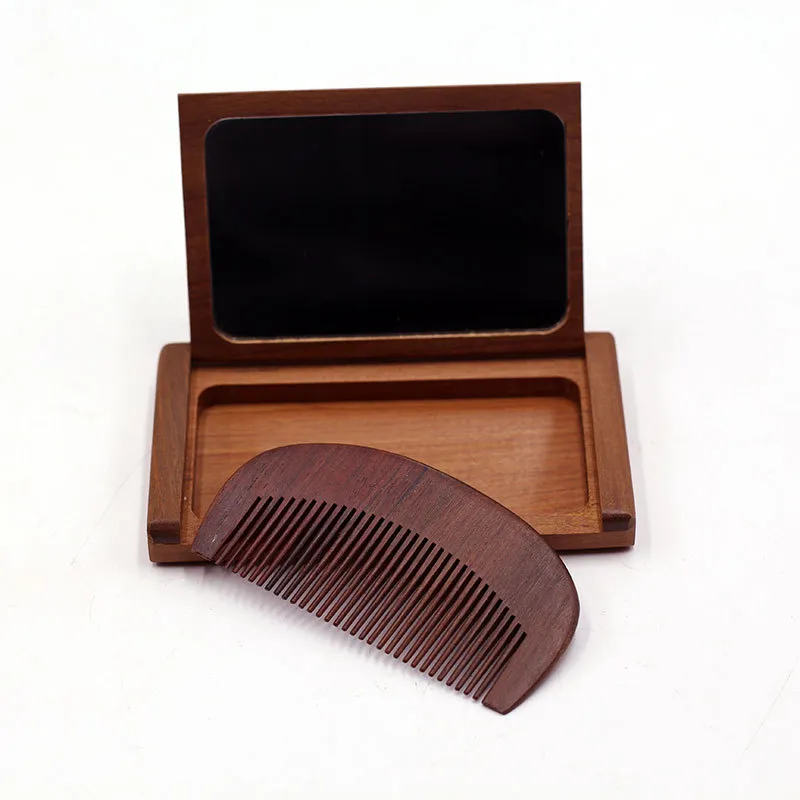 XIBI Golden Sandalwood Foldable Comb And Mirror Set Flap Mirror For On The Go Portability-1