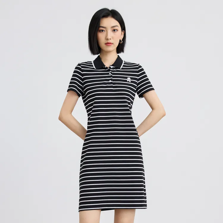SHUIYUNJIAN Short Sleeved Dress Women's Black Stripes-2