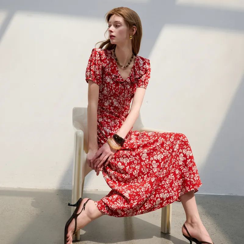 3COLOUR Short Sleeved Dress Women's Red Floral-4