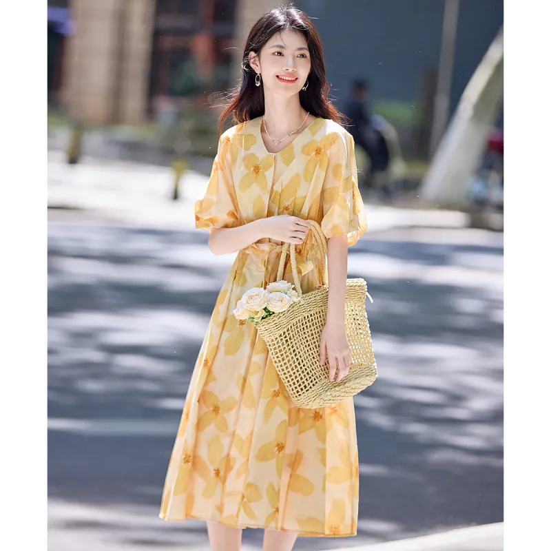 Still Quiet Summer Short Sleeved Dress Cinched Waist Women's-4