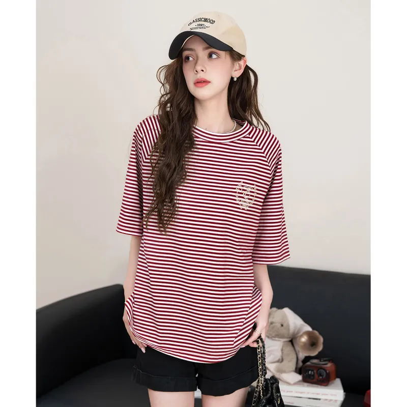 FAWENXIANGZI Summer Raglan Sleeve T Shirt Women's Red & White Loose Fit-2