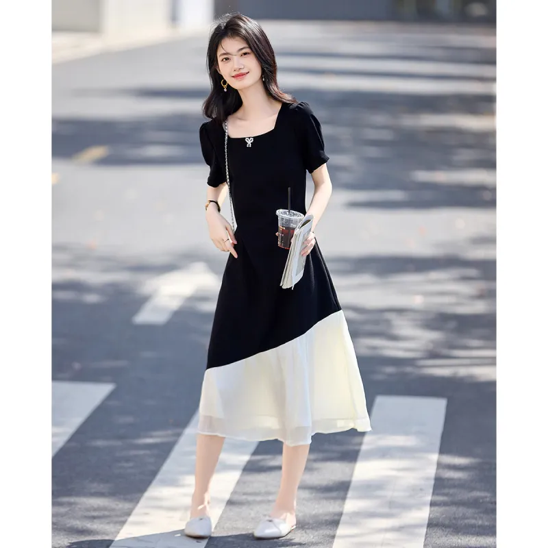 Still Quiet Short Sleeved Dress Women's Black+Beige-1