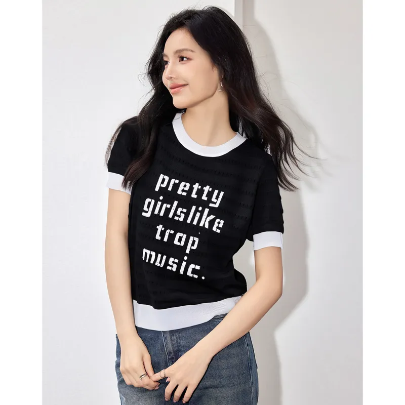 Love Elaine Set in Sleeve T Shirt Women's Black Loose Fit-2