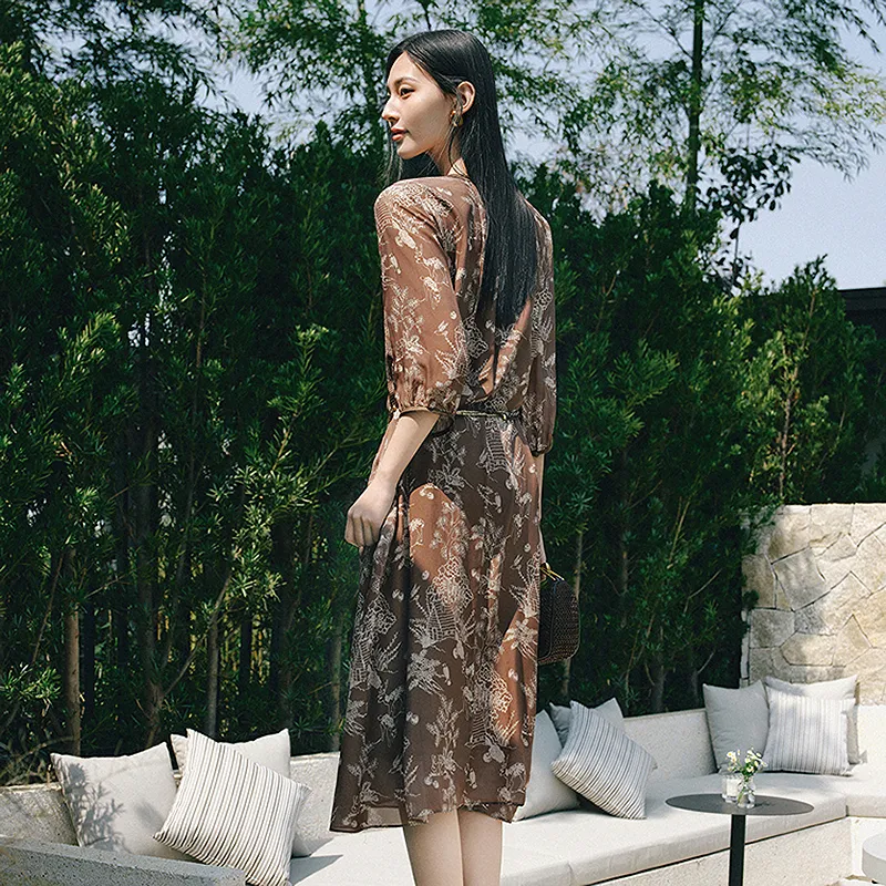 JZ. ANNAKRO Long Sleeved Dress Women's Floral Coffee-2
