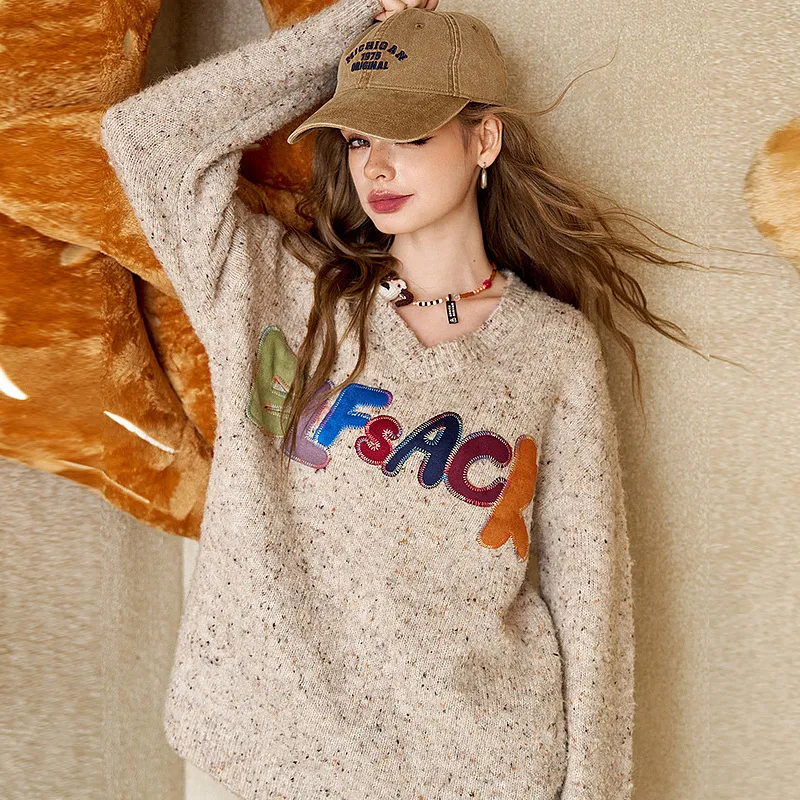 ELF SACK Multicolor Plush Letter Effortless Style Sweater Women's-12