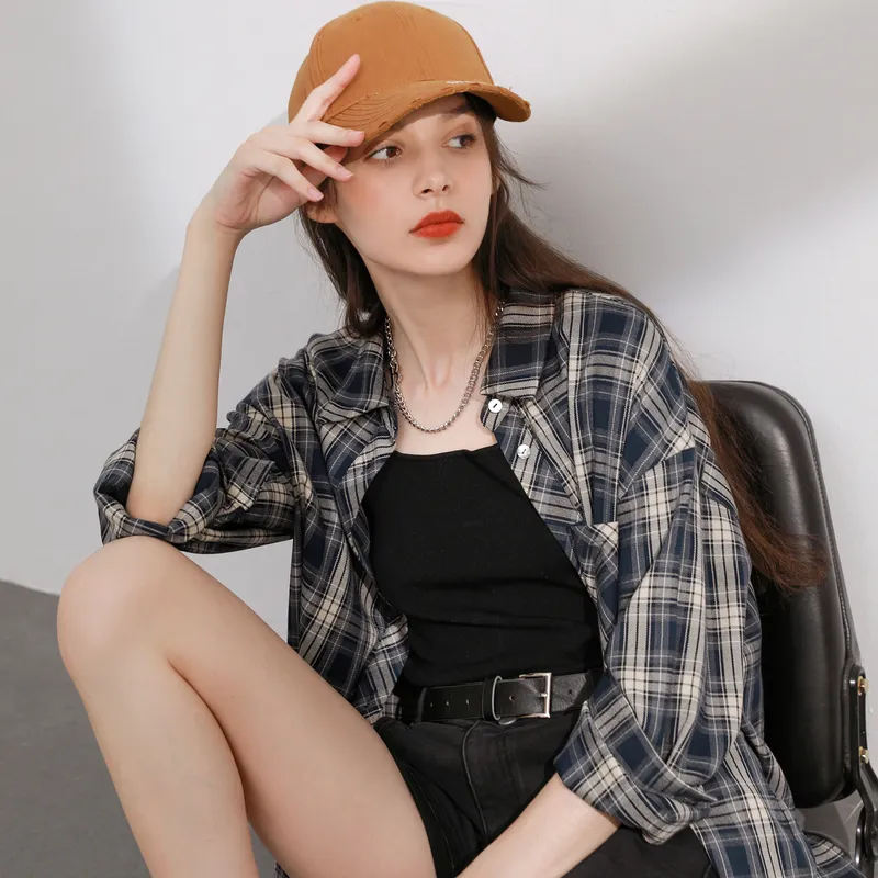 3COLOUR Shirt Women's Navy Blue Plaid-5