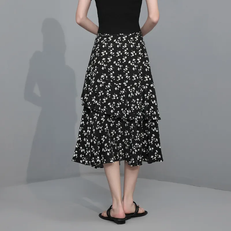 3COLOUR Casual Long Skirts Women's Black White Floral-2