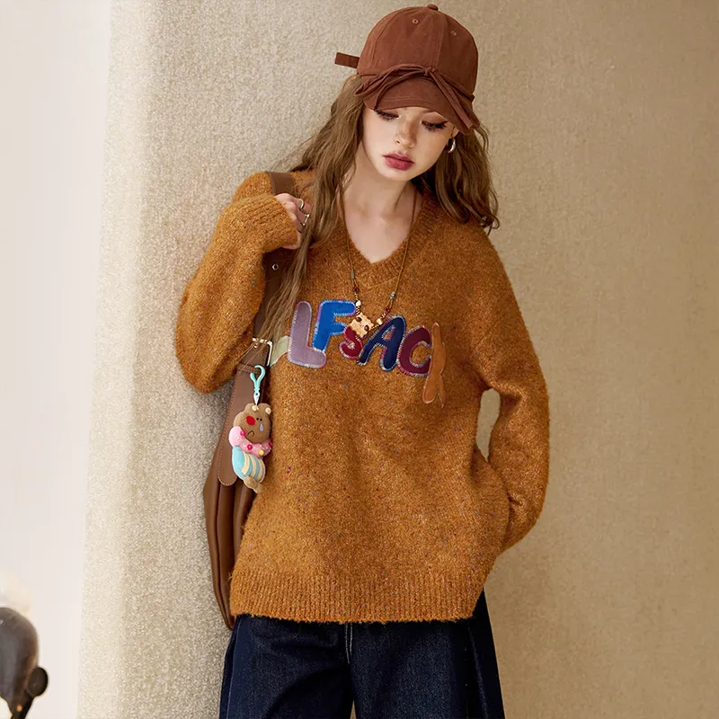 ELF SACK Multicolor Plush Letter Effortless Style Sweater Women's-6