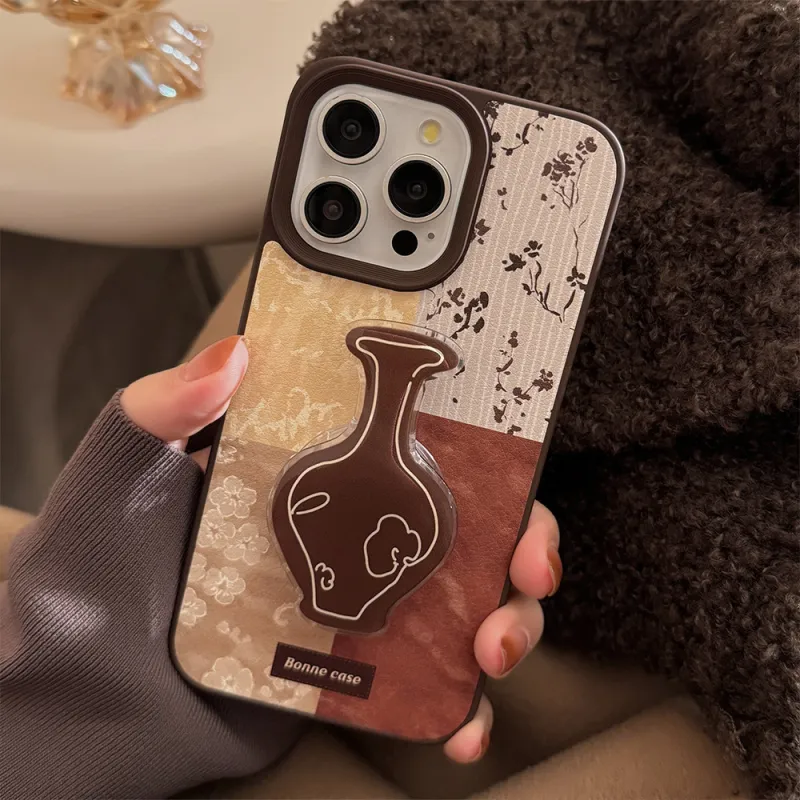 Cuttlefish Grid TPU Material Vintage Inspired Vase Stand DIY Niche Phone Case Compatible With Apple 16/15/14/13/12/11-2