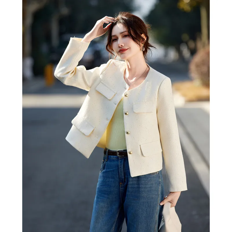 TERRE BLEUE Spring Fall Cropped Coats Loose Fit Women's Beige-2