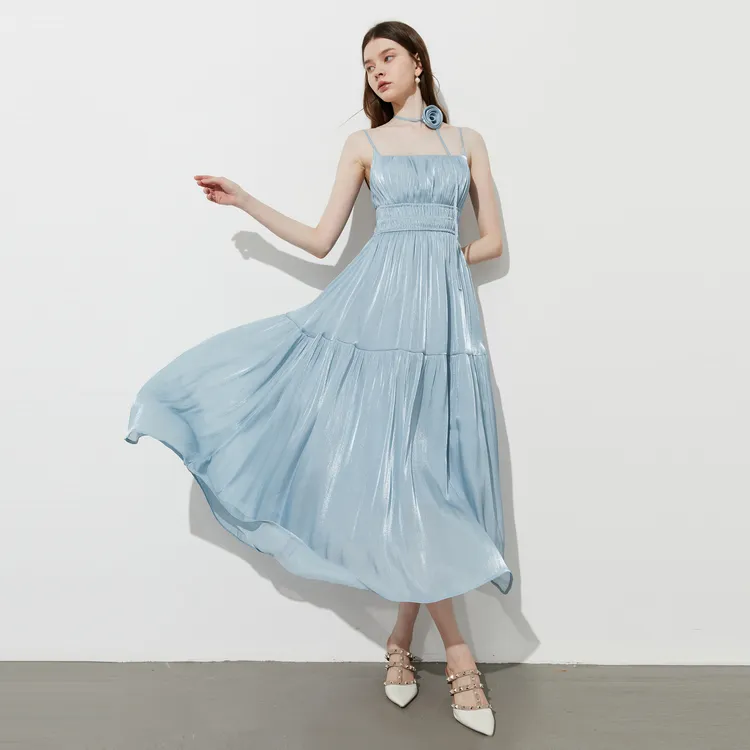 DPLAY Slip Dresses Women's Camisole Dress Sea Salt Blue With Lace Up Floral-1