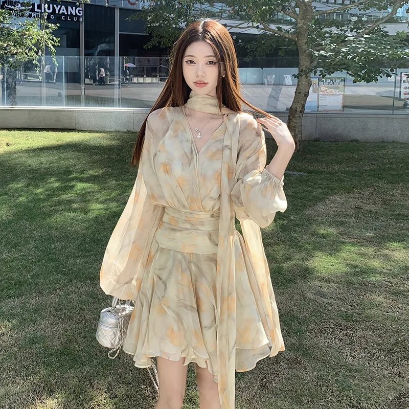 XIANSINIAO Two Piece Skirt Sets Women's Light Yellow Floral, Includes Camisole With Non Detachable Ribbon-2