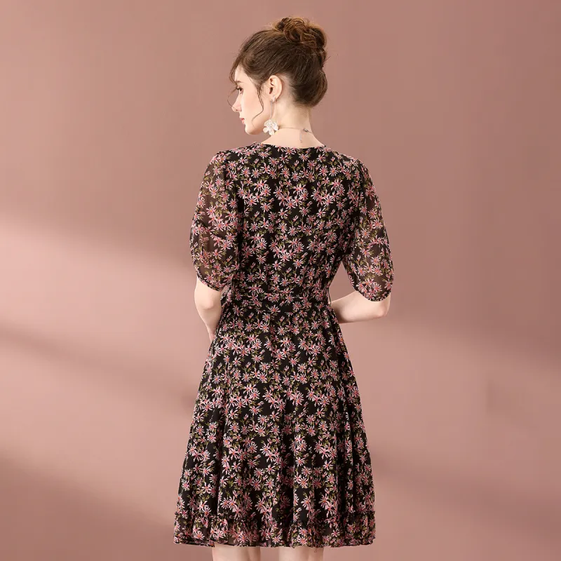 FENHONGMALI Summer Short Sleeved Dress Cinched Waist Women's Black-4