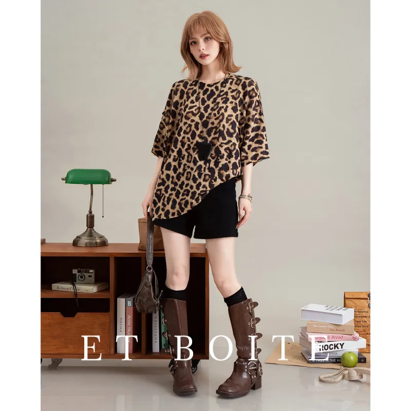 FAWENXIANGZI T Shirt Women's Dark Khaki Leopard Print-2