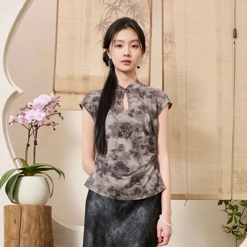 3COLOUR Chiffon Shirt Women's Clothing Sets Gray Purple Floral Shirt+Camisole-3