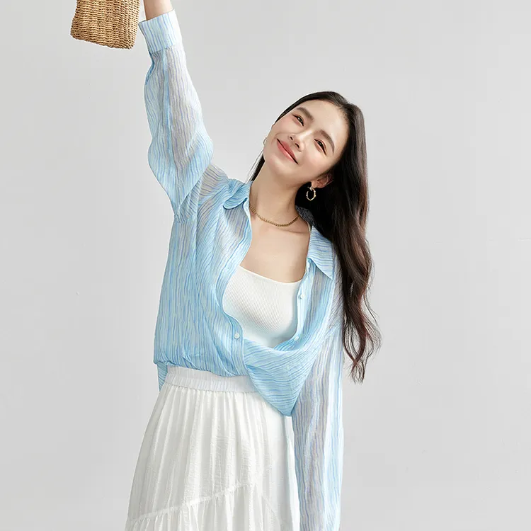 SENTUBILA Shirt Women's Light Blue Stripes-2