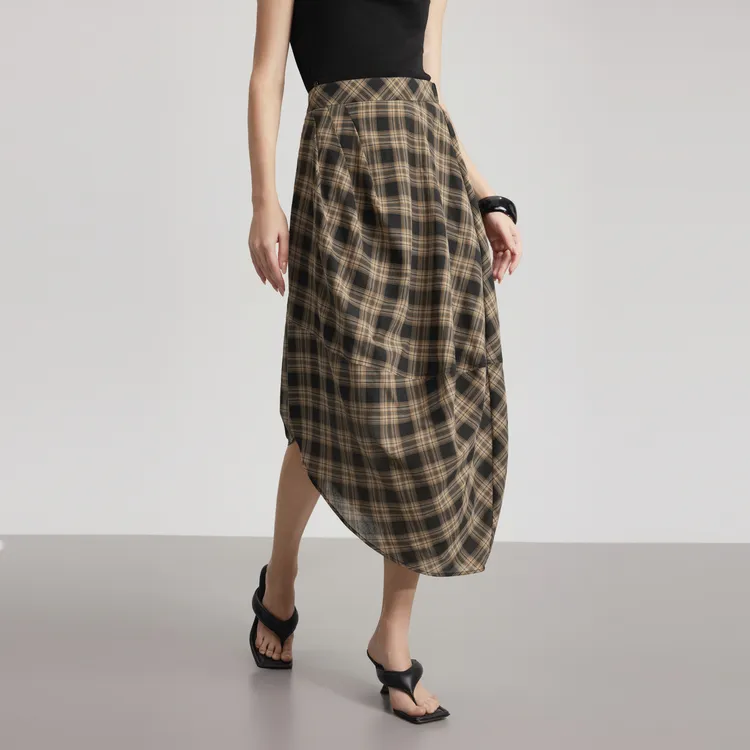 ELLE Casual Long Skirts Women's Coffee Plaid-4
