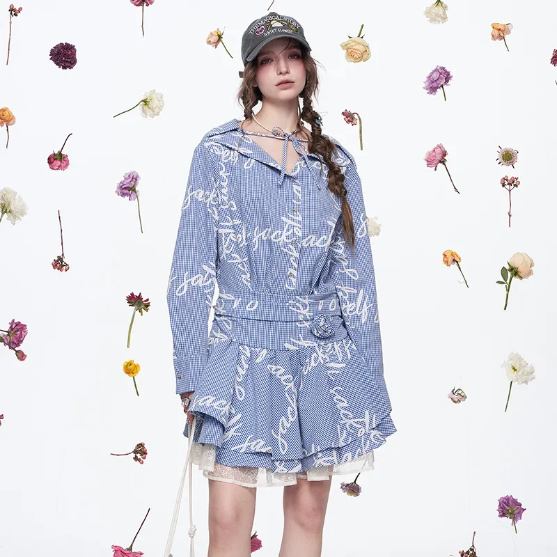 ELF SACK Long Sleeved Dress Women's Letter Blue White-5