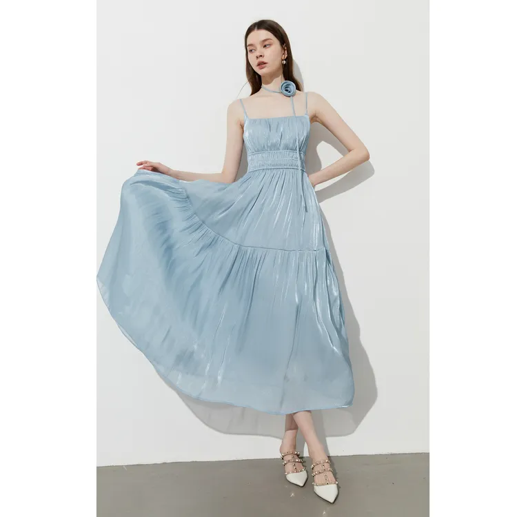 DPLAY Slip Dresses Women's Camisole Dress Sea Salt Blue With Lace Up Floral-5