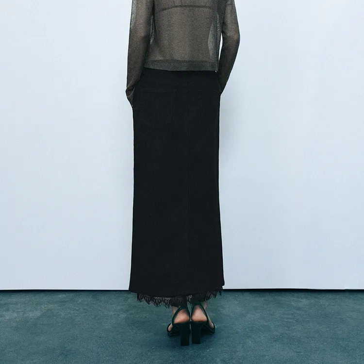 URBAN REVIVO Denim Long Skirt Women's Black-5