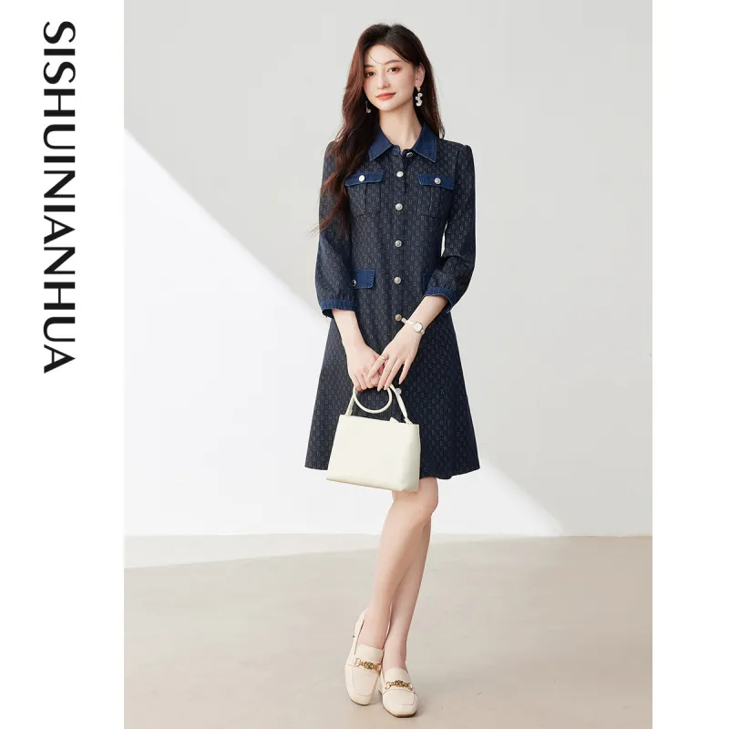 Like The Age Of Water Long Sleeved Dress Loose Fit Women's Navy Blue-1