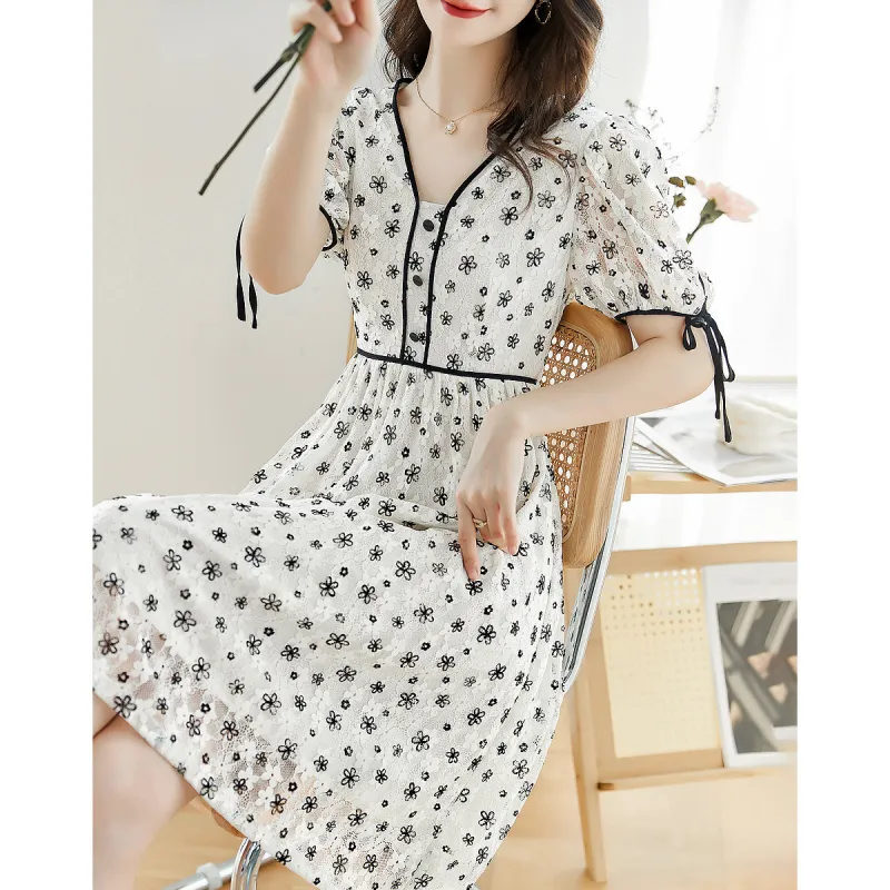 Like The Age Of Water Summer Short Sleeved Dress Regular Women's Black White-1