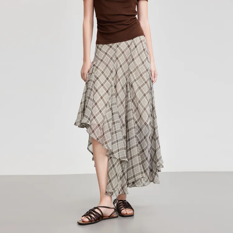 ELLE Casual Long Skirts Women's Coffee Plaid-3