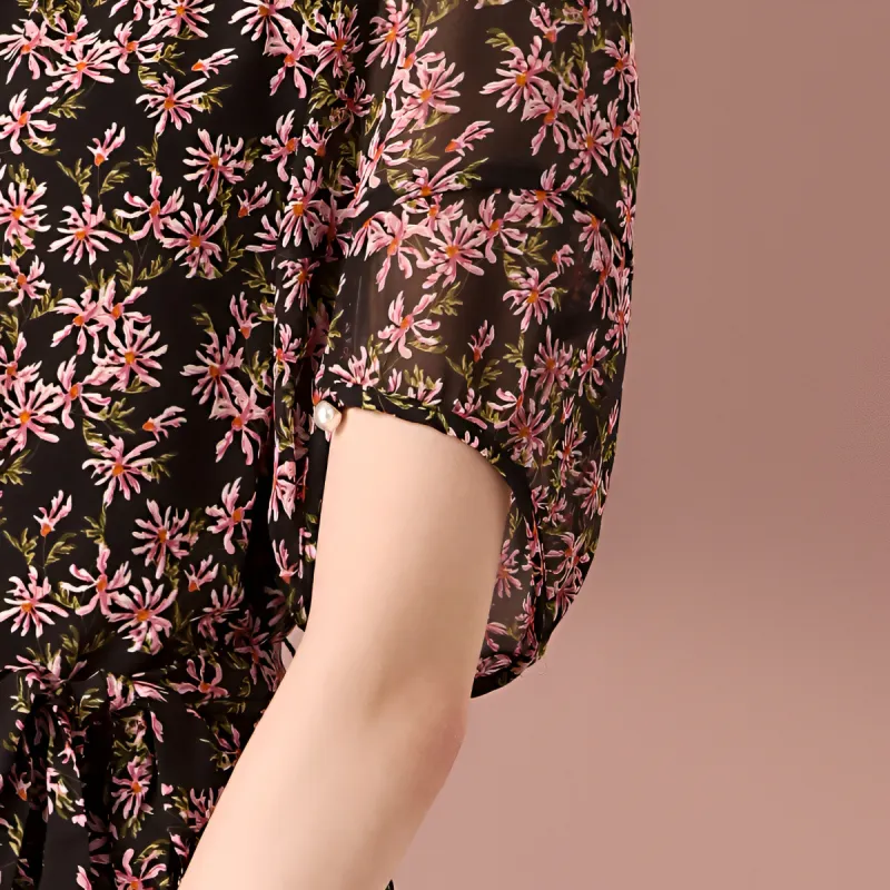 FENHONGMALI Summer Short Sleeved Dress Cinched Waist Women's Black-6