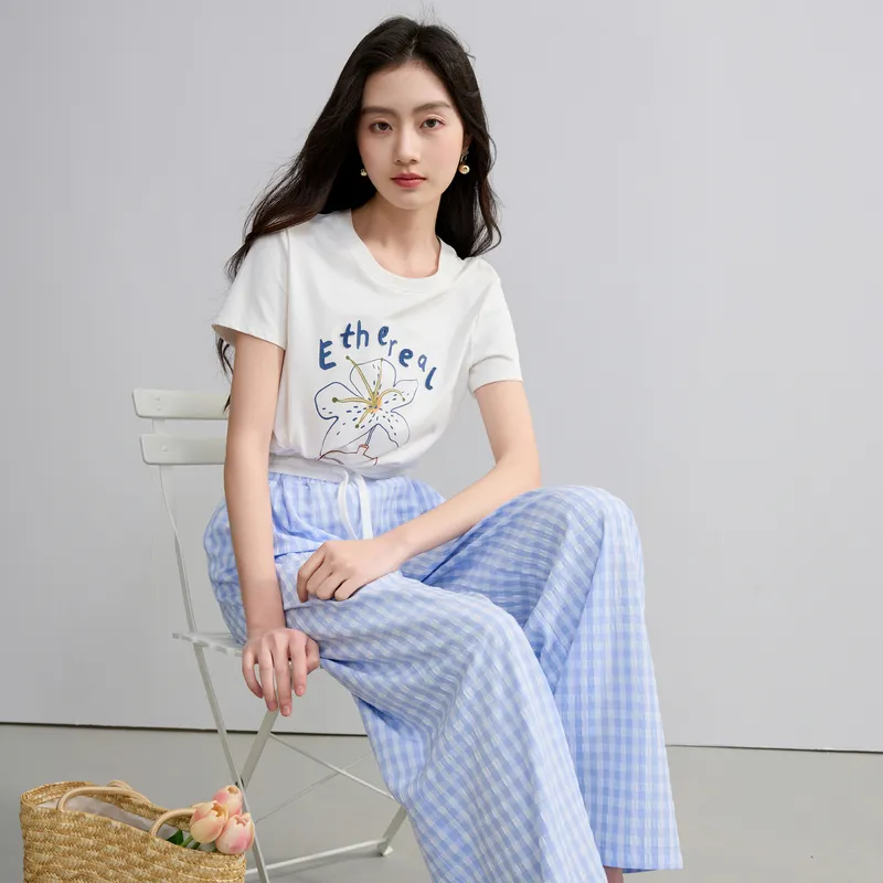 3COLOUR Casual Pants Women's Sky Blue Plaid-6