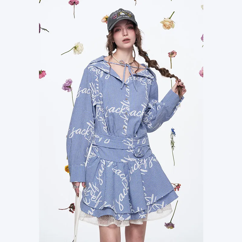 ELF SACK Long Sleeved Dress Women's Letter Blue White-2