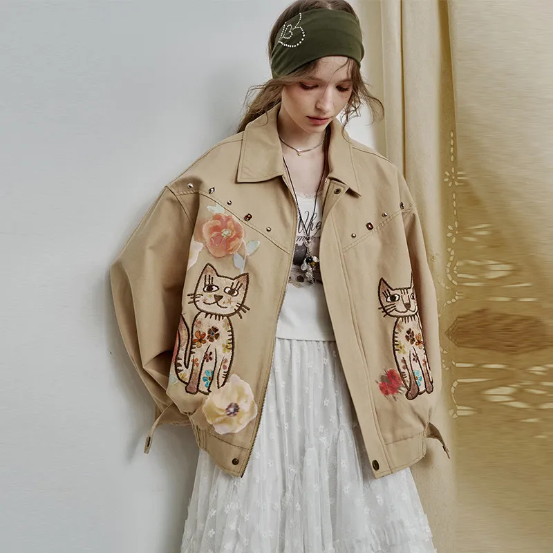 ELF SACK Cropped Coat Women's Cat Khaki-5