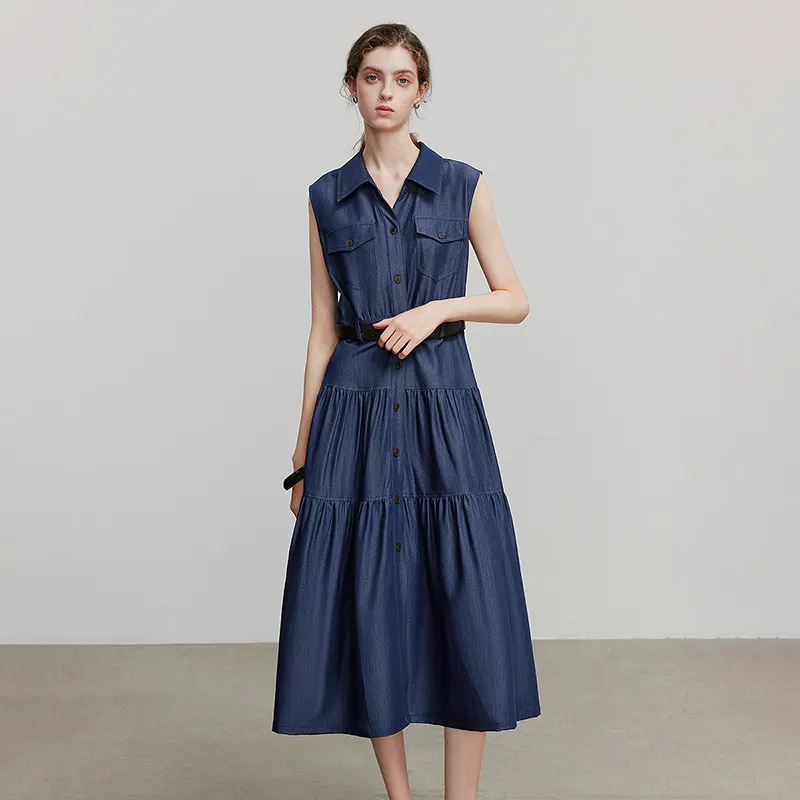 Initial Language Sleeveless Dress Women's Dark Denim Blue-2