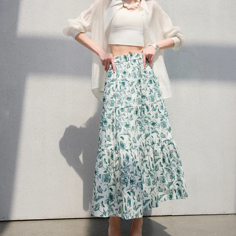 3COLOUR Casual Long Skirt Women's Green Beige Floral-5