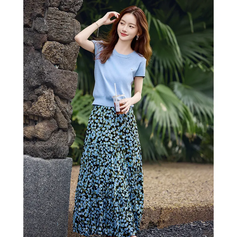 Still quiet Two Piece Skirt Sets Women's Blue/Multicolor-1