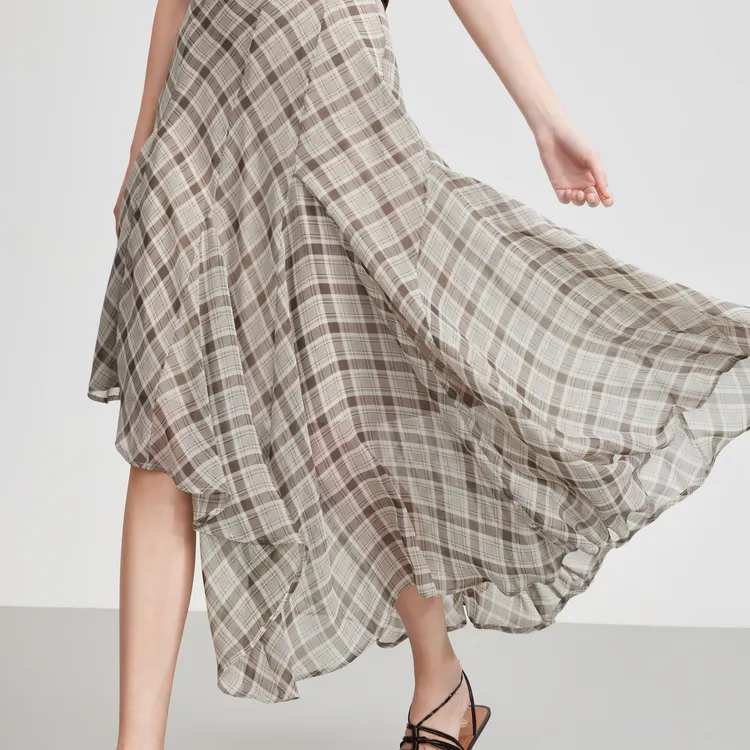 ELLE Casual Long Skirts Women's Coffee Plaid-2
