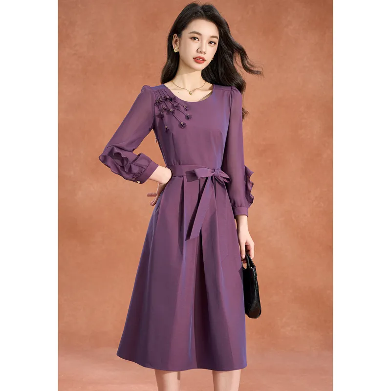 Mylan Spring, Summer, Fall Long Sleeved Dress Cinched Waist Women's Purple-2