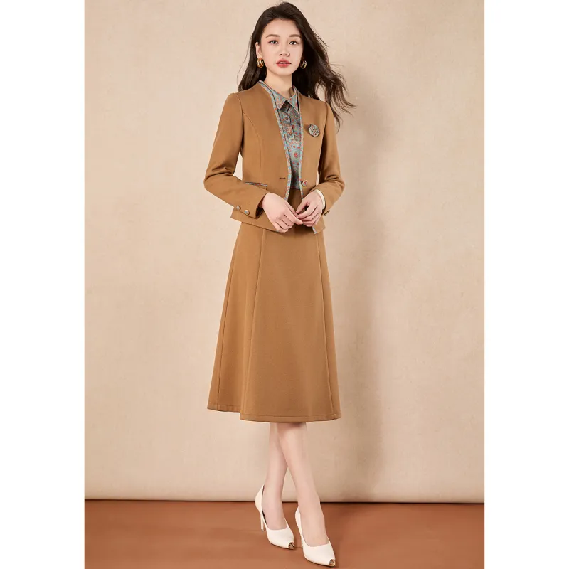 Mylan Spring Fall Skirt Set Cinched Waist Women's Khaki-3
