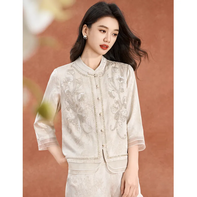 Mylan Casual Suits Women's Beige Heavyweight Beads Design-3