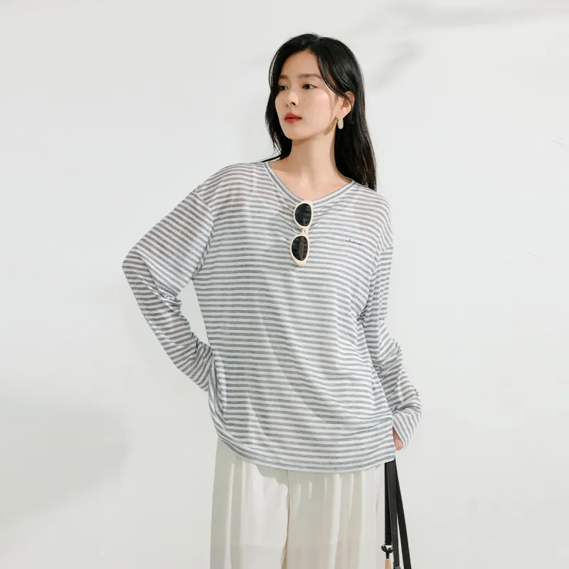 Inman T Shirt Women's Gray White Stripes-2