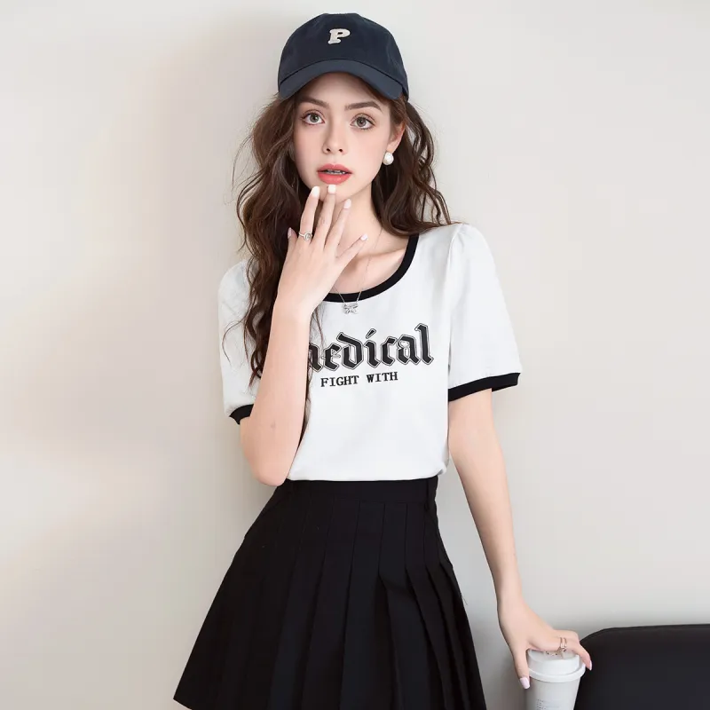 FAWENXIANGZI Summer Puff Sleeve T Shirt Women's White Straight-2