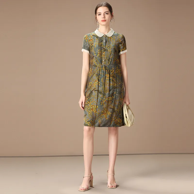 FENHONGMALI Short Sleeved Dress Women's Yellow Floral-1