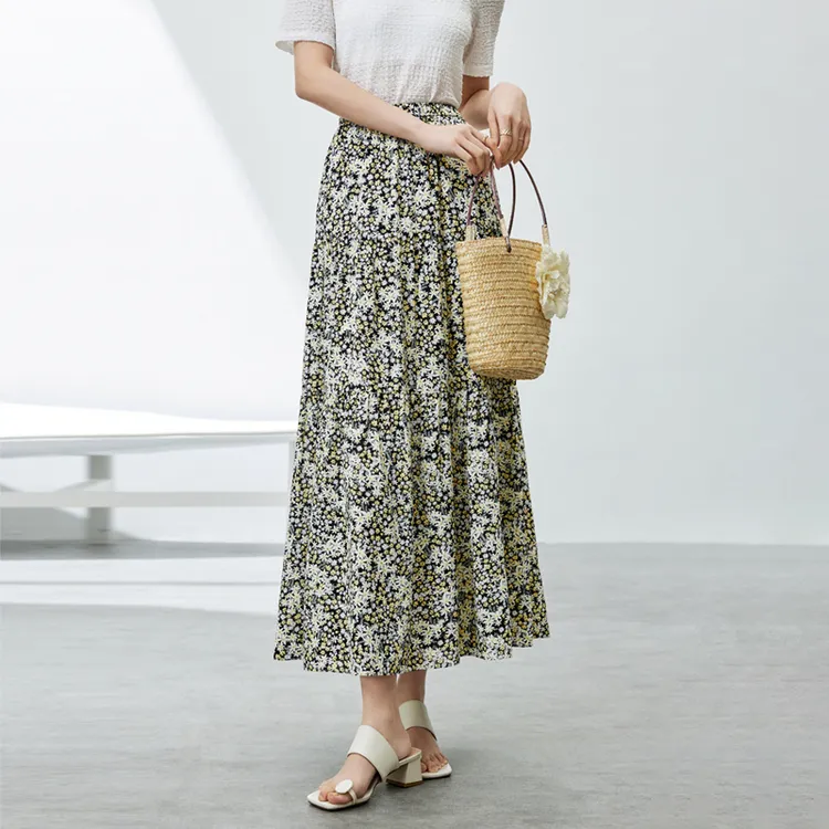 SENTUBILA Casual Long Skirts Women's Black With Yellow Floral-3